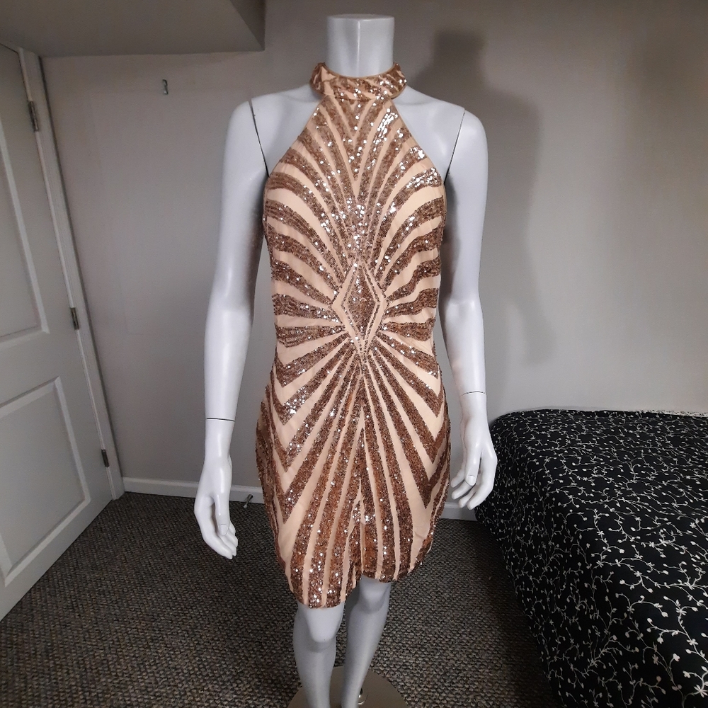 Xtaren Backless Sequin Dress - Gold and Cream